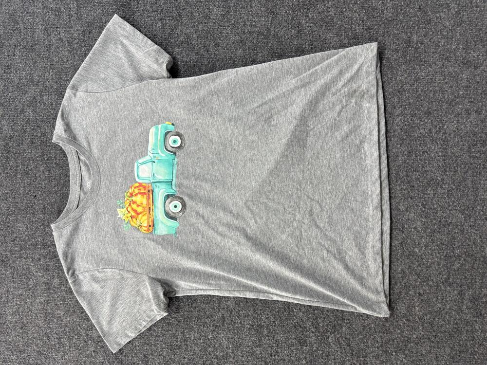 PositiviTees Shirt Womens 4-6 Gray Pumpkin Truck Graphic Fall Tee Top Casual